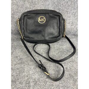 Michael Kors Crossbody Bag Womens Small Black Leather MK Logo Chain Strap